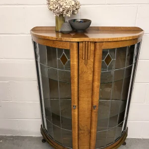 Demi Lune, Curved Front, Glass and Led Pane, Walnut Display Unit