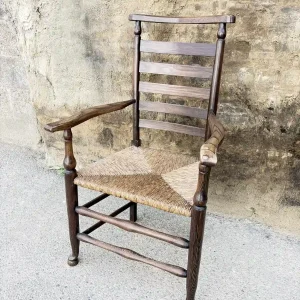 Antique Style Ladder Back Lancashire Rush Seat Carver Armchair